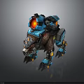3D Model Of Blue Mechanical Bear With Red Glowing Eyes And Clawed Limbs