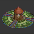 Decorative Garden With Orange Roof Gazebo Green Lawn Pink Flowers Stone Path And Wooden Fence