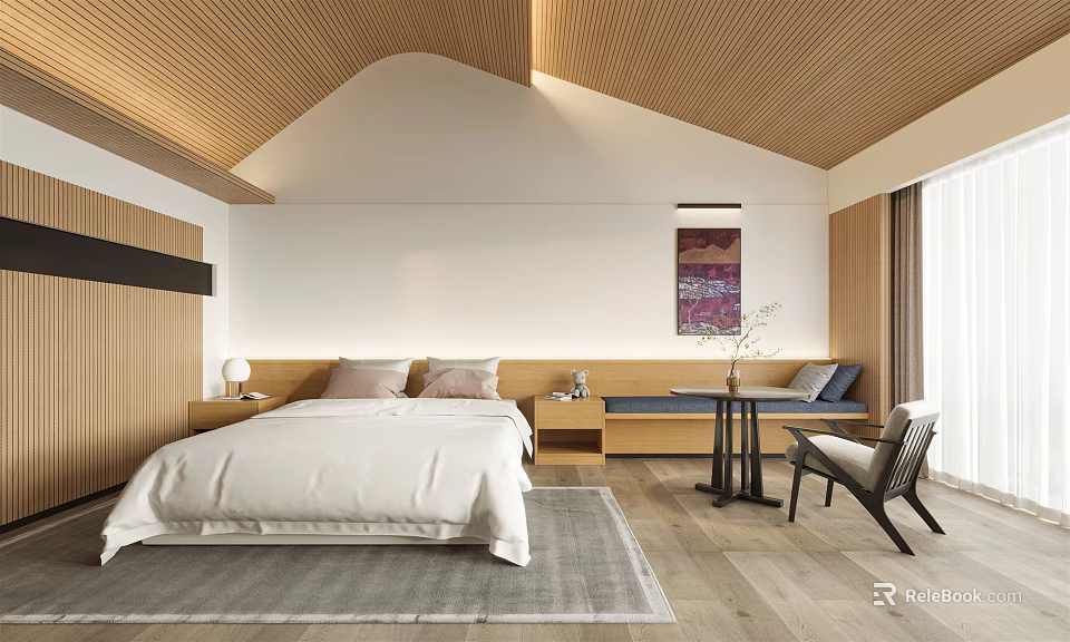 Modern Bedroom Interior Design with Wooden Ceiling White Walls Bed Bench Table Chair and Rug 3d model 
