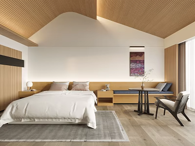 Modern Bedroom Interior Design with Wooden Ceiling White Walls Bed Bench Table Chair and Rug 3d model