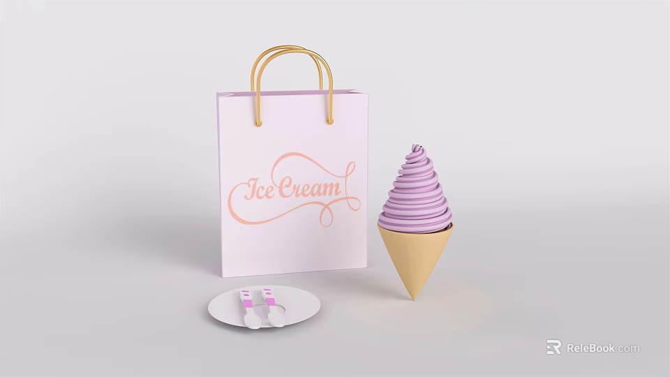 Pink Shopping Bag Featuring IceCream Text With Purple Ice Cream Cone And Small White Plate 3d model 