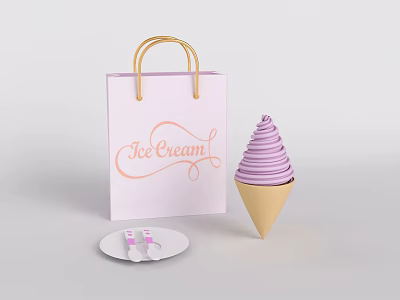 Pink Shopping Bag Featuring IceCream Text With Purple Ice Cream Cone And Small White Plate 3d model