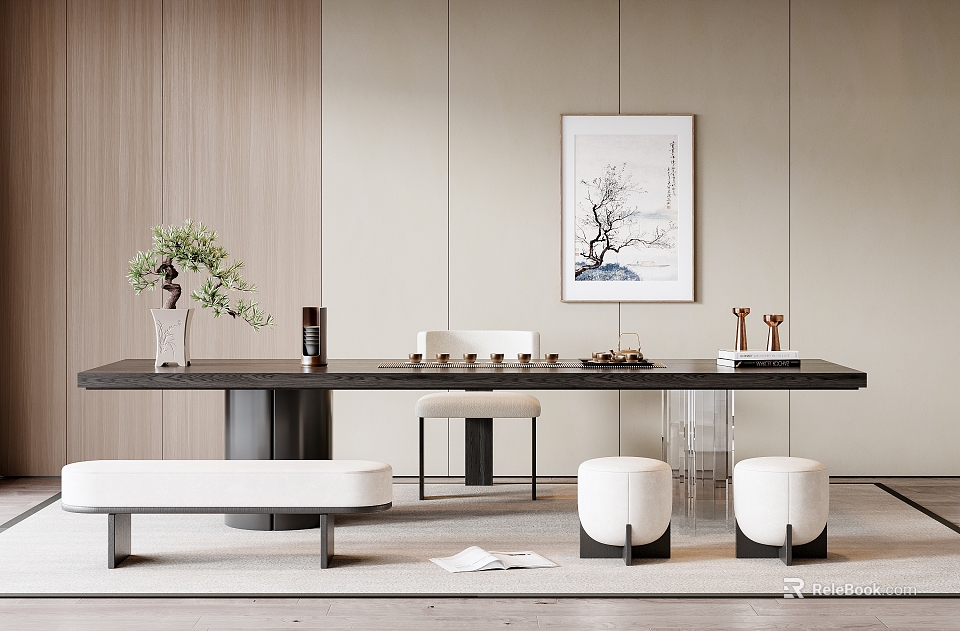 Modern Minimalist Tea Table And Stools With Tea Set Green Plant And Decorative Painting 3d model 