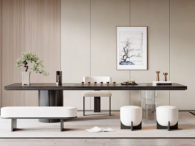 Modern Minimalist Tea Table And Stools With Tea Set Green Plant And Decorative Painting 3d model