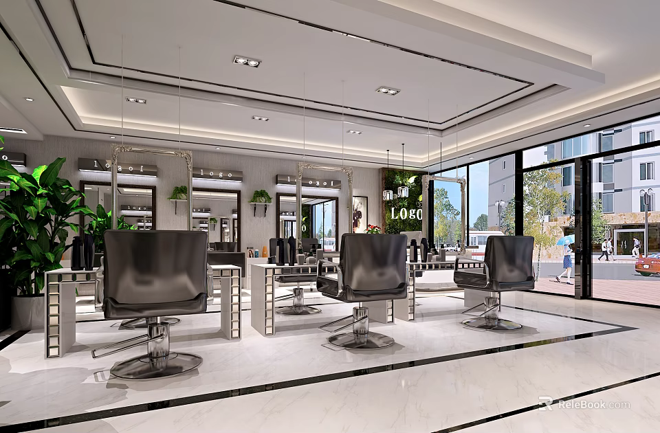 Modern Hair Beauty Salon Interior With Stylish Black Chairs Mirrors Lighting And Marble Floor 3d model 
