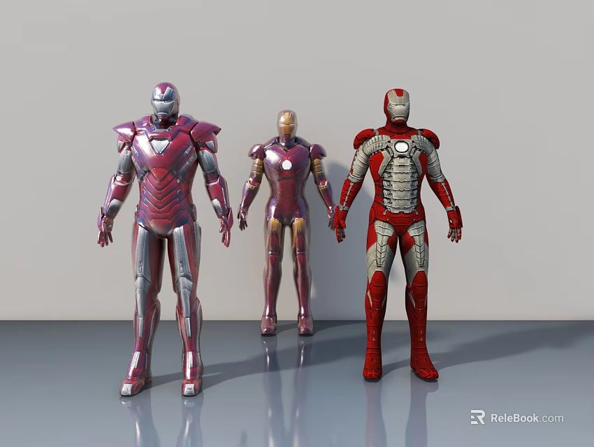 Three Iron Man Action Figures With Purple Red And Silver Armor Details 3d model 