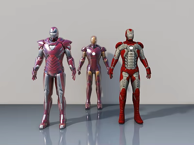 Three Iron Man Action Figures With Purple Red And Silver Armor Details 3d model
