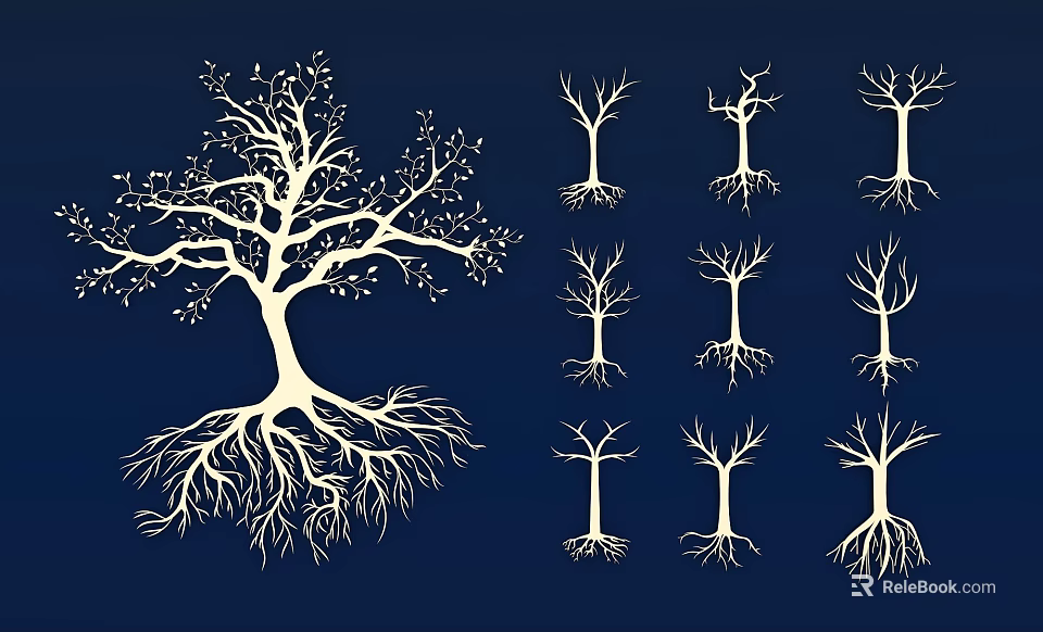 Detailed Illustration Of White Trees With Various Root And Branch Shapes 3d model 