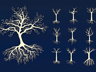 Detailed Illustration Of White Trees With Various Root And Branch Shapes 3d model