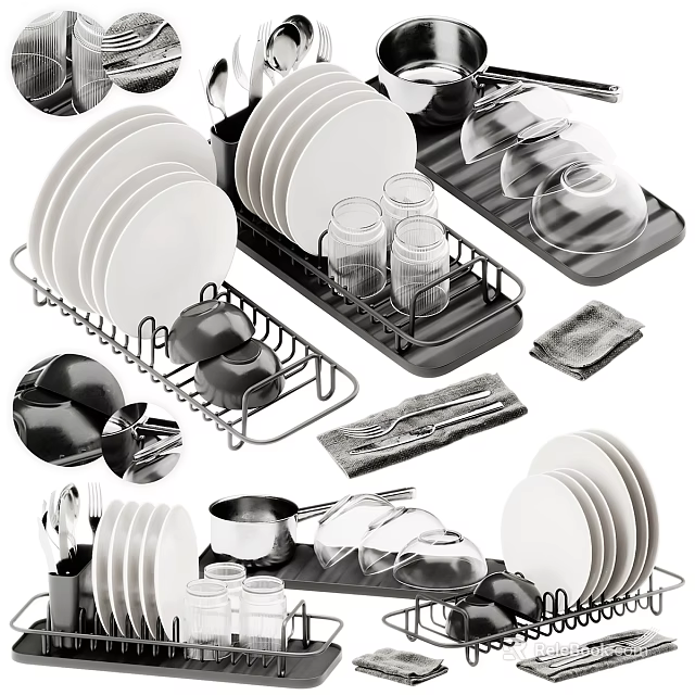 Organized Kitchenware Set With Plates Glasses Bowls Utensils And Dish Rack 3d model 