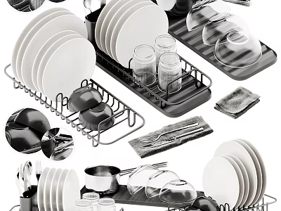 Organized Kitchenware Set With Plates Glasses Bowls Utensils And Dish Rack 3d model