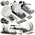 Organized Kitchenware Set With Plates Glasses Bowls Utensils And Dish Rack