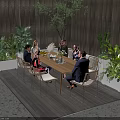 Wooden Outdoor Table with Rattan Chairs Potted Plants and Fruit Vase on Outdoor Patio