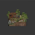 Rustic Log Cabin With Red Tile Roof Wooden Deck Pine Trees Small Stream And Rocks