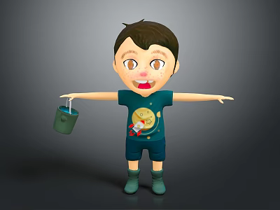 Cute Cartoon Game Movie Character with Brown Hair Big Eyes Holding Green Bucket Arms Outstretched 3d model
