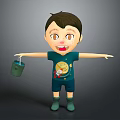 Cute Cartoon Game Movie Character with Brown Hair Big Eyes Holding Green Bucket Arms Outstretched
