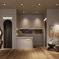 Clothing Store Interior With Arched Mirror Hanging Display Racks Wooden Flooring And Sofa Seating