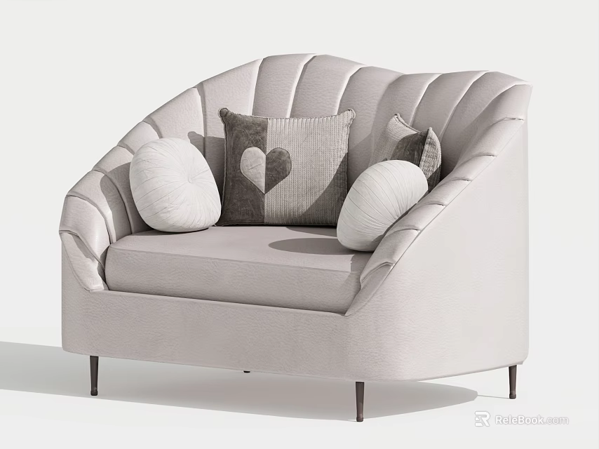 Modern Beige Accent Chair with Curved Backrest Heart Pattern Pillow Round Cushions and Metal Legs 3d model 