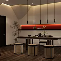 Modern Tea House Interior With Stone Walls Warm Lighting Mirror And Potted Plant