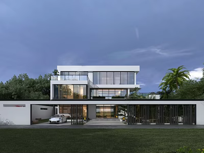 Modern Detached Villa Exterior with Large Glass Windows Lush Greenery and Front Driveway 3d model