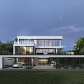 Modern Detached Villa Exterior with Large Glass Windows Lush Greenery and Front Driveway