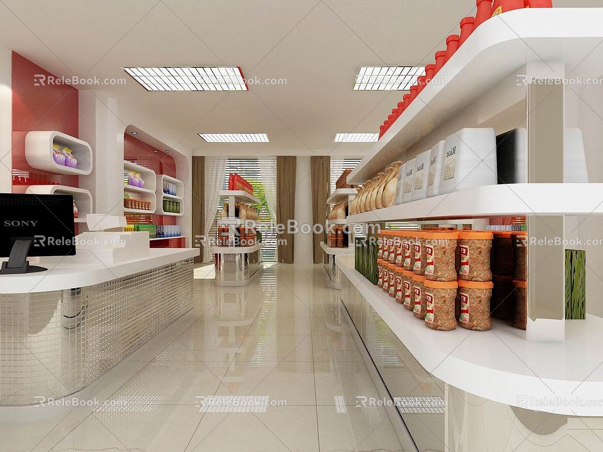 Industrial supermarket shelf service desk computer snacks 3d model