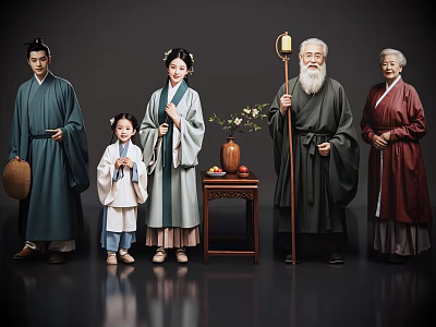 Many people 2D costume characters Song Dynasty family costume family costume family ancient family 3d model