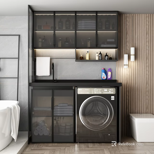 Modern Black Bathroom Vanity With Glass Door Cabinets Toiletries Washing Machine And Wooden Accent Wall 3d model 