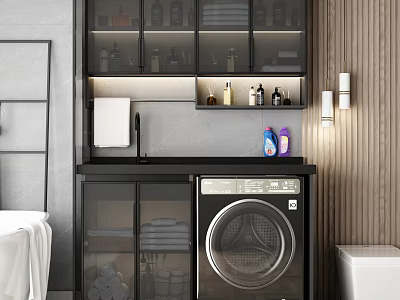 Modern Black Bathroom Vanity With Glass Door Cabinets Toiletries Washing Machine And Wooden Accent Wall 3d model