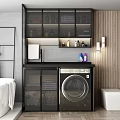 Modern Black Bathroom Vanity With Glass Door Cabinets Toiletries Washing Machine And Wooden Accent Wall