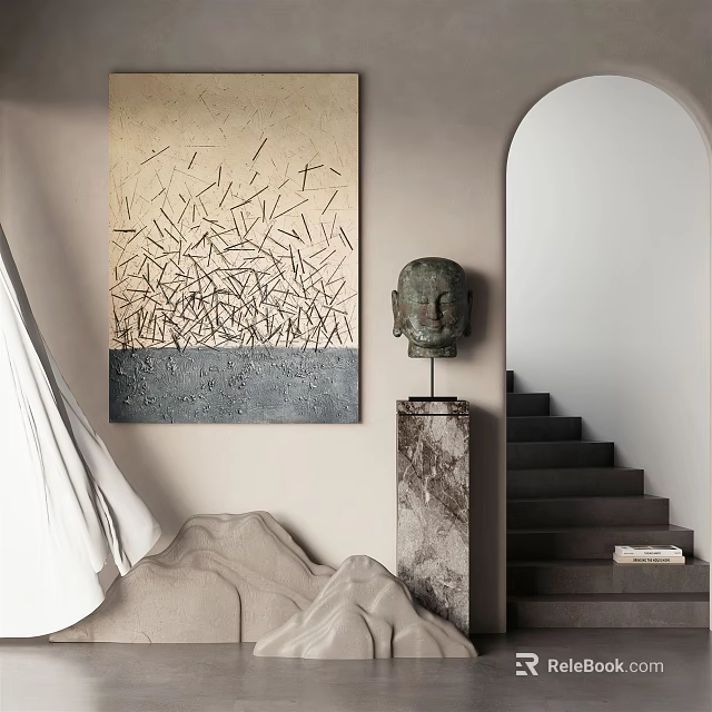 Abstract Painting And Buddha Head Sculpture On Marble Pedestal Near Staircase In Modern Interior 3d model 