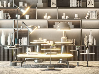 Modern Round Coffee Table Living Room Interior With Floor Lamp White Vases And Bookshelf 3d model