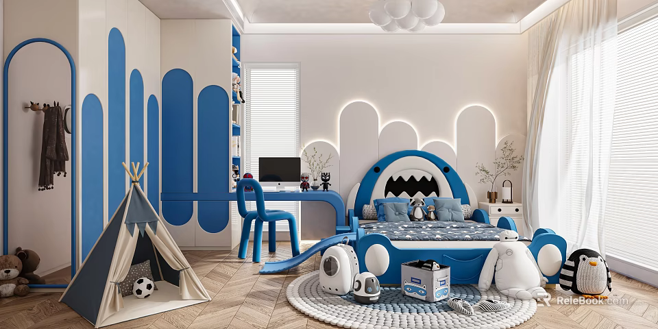 Bright Kids Room Featuring Blue Bed With Slide Teepee Tent Soccer Ball And Stuffed Animal 3d model 