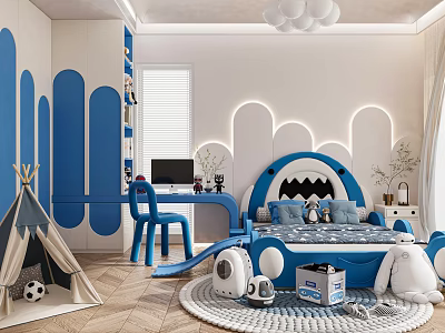 Bright Kids Room Featuring Blue Bed With Slide Teepee Tent Soccer Ball And Stuffed Animal 3d model
