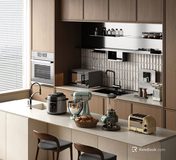 Modern Kitchen Interior with Oven Coffee Maker Blender Toaster Rice Cooker and Tiled Wall 3d model 