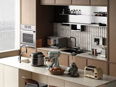 Modern Kitchen Interior with Oven Coffee Maker Blender Toaster Rice Cooker and Tiled Wall 3d model