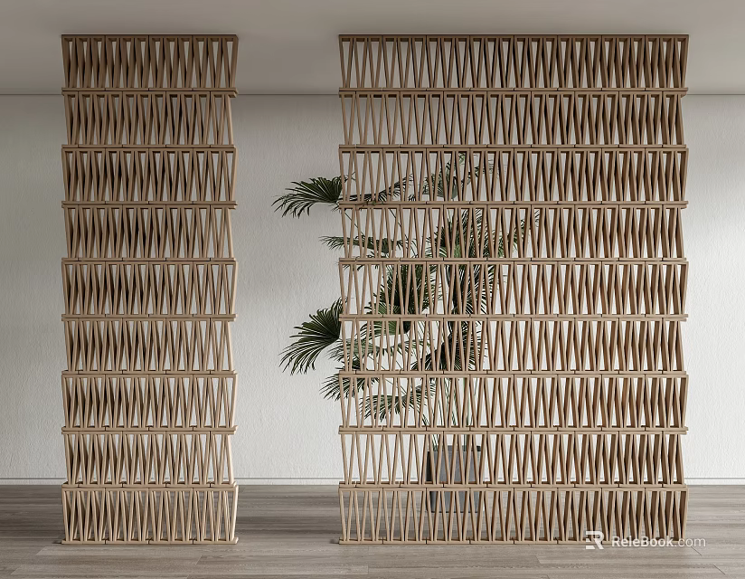 Wooden Room Divider With Woven Pattern And Potted Plant Decoration 3d model 