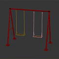 Outdoor Playground Swing Set with Red Metal Frame and Two Wooden Seats