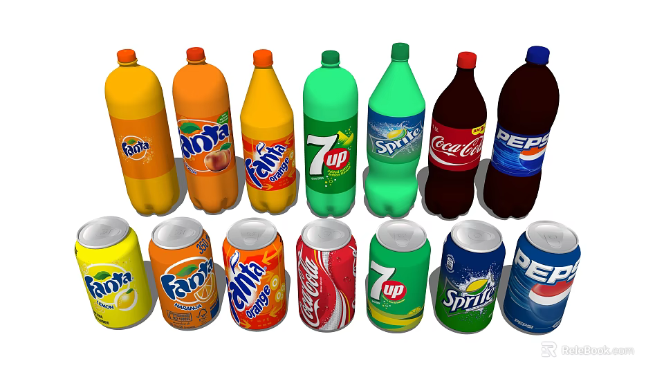 Assorted Carbonated Soft Drinks in Bottles and Cans with Popular Brand Logos 3d model 