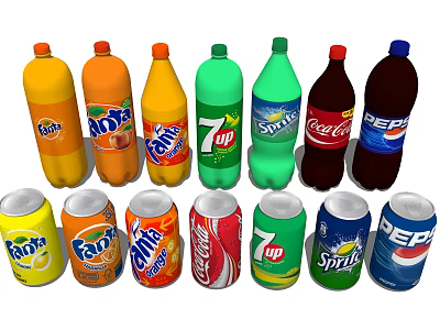 Assorted Carbonated Soft Drinks in Bottles and Cans with Popular Brand Logos 3d model