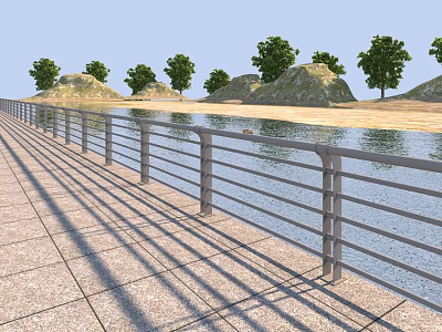 Scenic Metal Railing Along Stone Pavement By Water Area With Trees And Hills 3d model