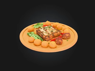 Grilled Meat Dish With Green Vegetables Orange Fruits And Round Sides On Wooden Plate 3d model