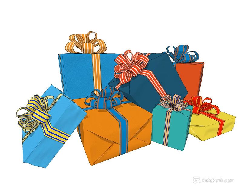 Colorful Gift Box Ornament Set With Decorative Ribbon Bows And Wrapping Paper 3d model 