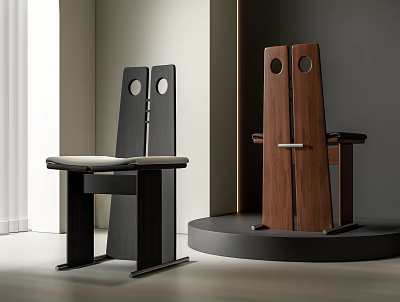 Modern Dining Chairs With Circular Cutouts Black And Wooden Frame On Minimalist Display Stand 3d model
