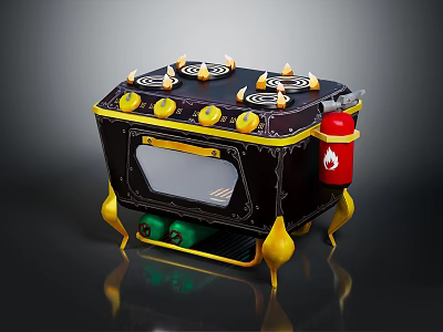 Gas Stove With Multiple Burners Yellow Knobs Black Yellow Body Green Bottles And Fire Extinguisher 3d model
