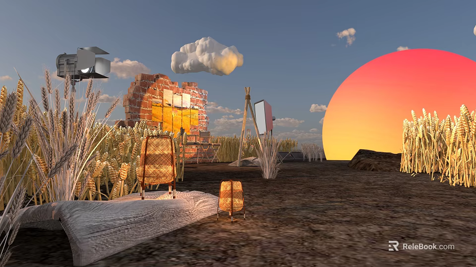 Outdoor Sunset Scene With Orange Red Sky Wheat Fields Clouds And Lanterns 3d model