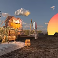 Outdoor Sunset Scene With Orange Red Sky Wheat Fields Clouds And Lanterns 3d model