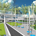 Scenic Park Landscape Design With Curved Pathways Green Lawns Trees And Playground Area