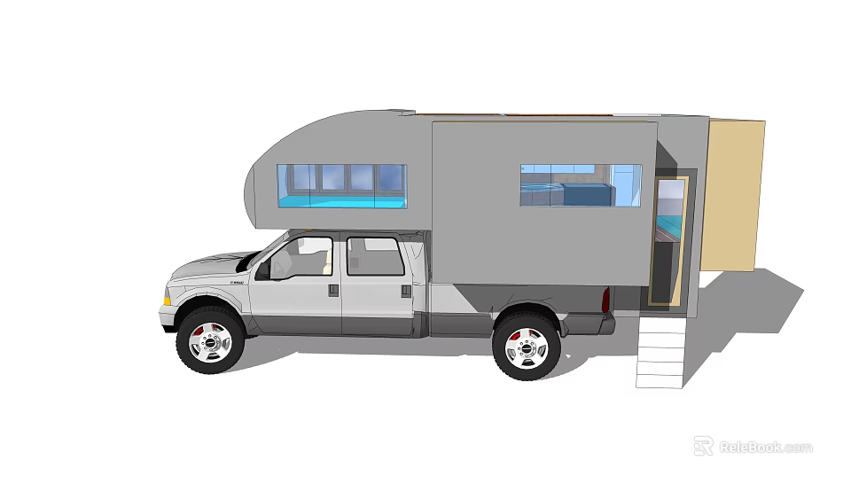 Gray Pickup Truck Camper Cab With Windows Open Door And Access Stairs 3d model 