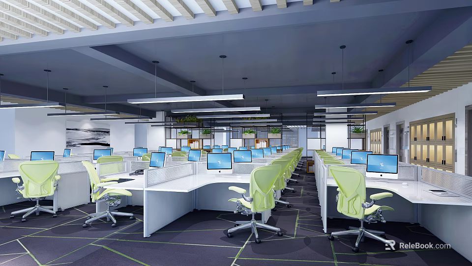 Modern Public Office Space With Green Chairs Computers And Open Workstations 3d model